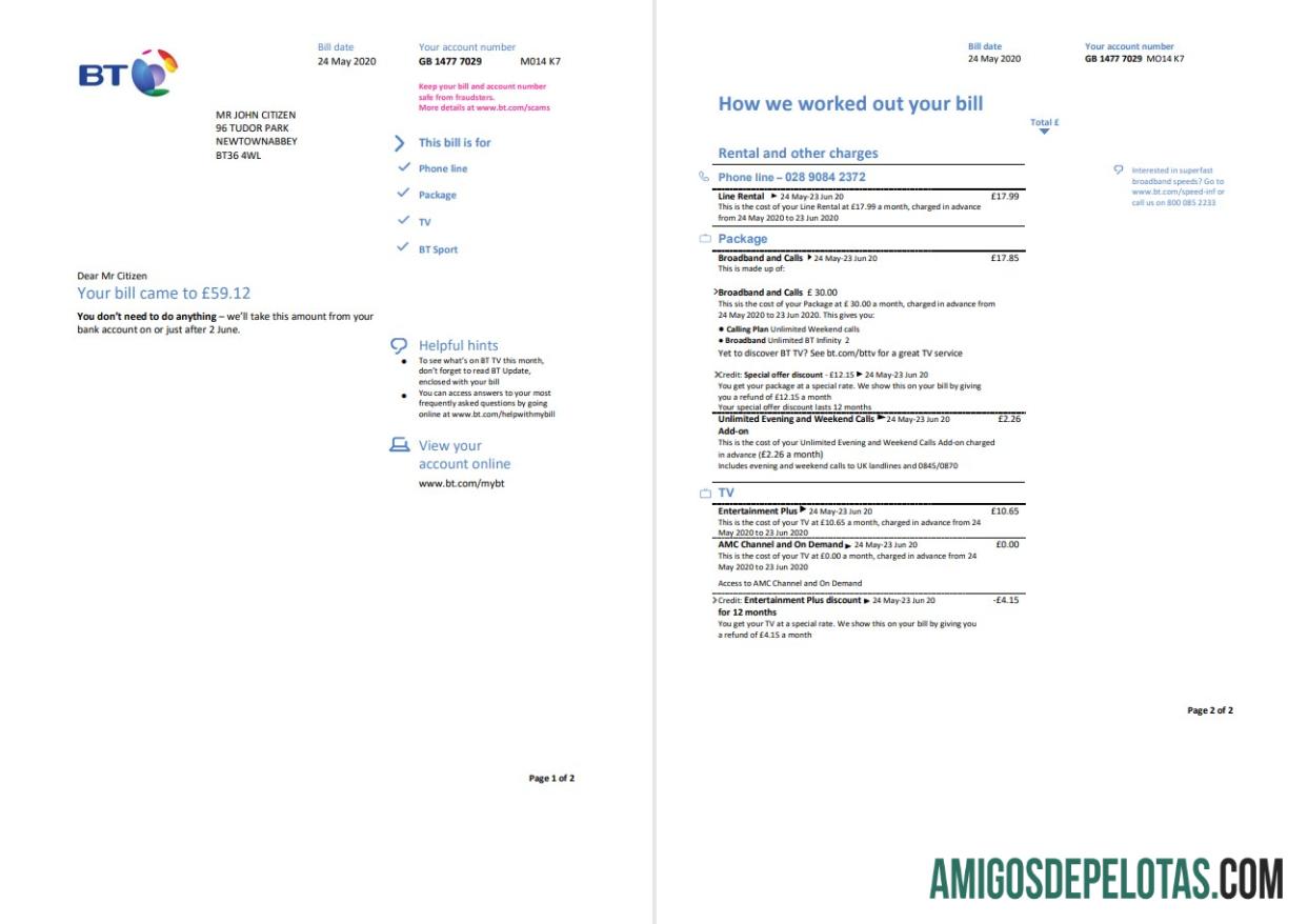Em branco modelo de fatura de serviços públicos BT do Reino Unido em formato Word e PDF, 2 páginas